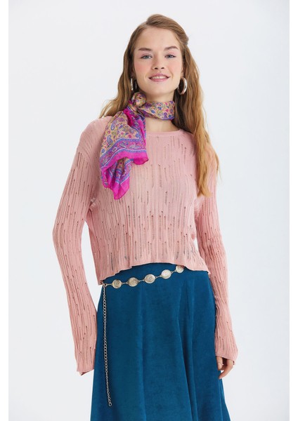 Delikli Bisiklet Yaka Bluz Pembe modelleri