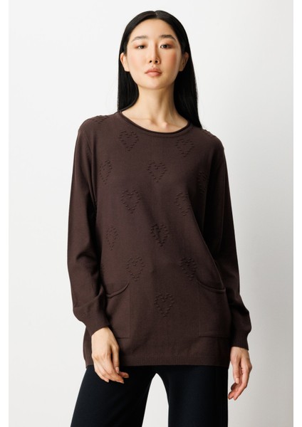 Kadın Kabartma Desenli Cepli Triko Kazak 65344 Kahverengi