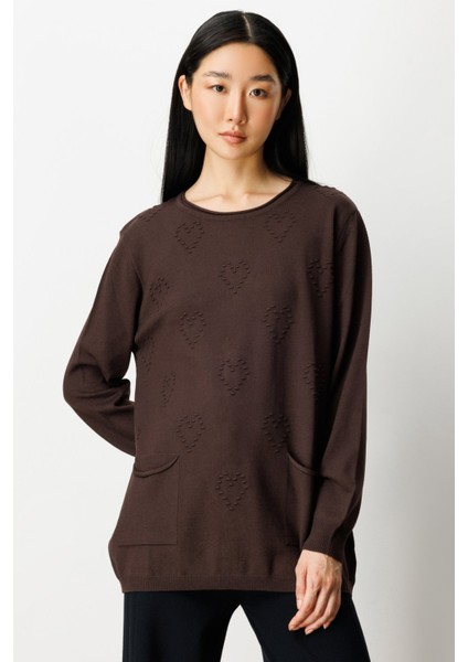 Kadın Kabartma Desenli Cepli Triko Kazak 65344 Kahverengi fiyatları