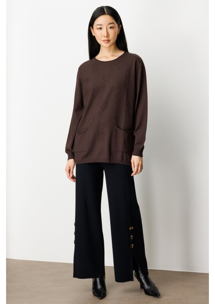 Kadın Kabartma Desenli Cepli Triko Kazak 65344 Kahverengi modelleri