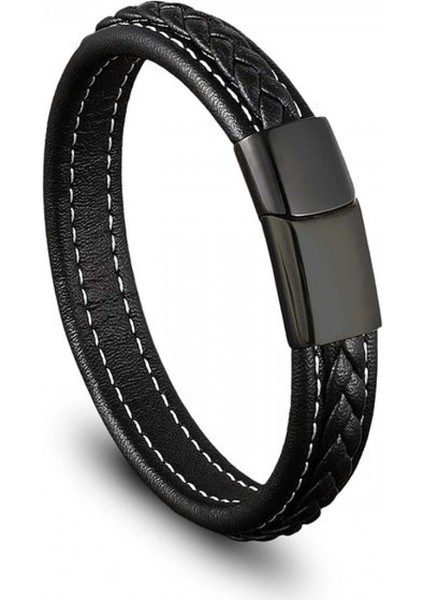 Siyah & Siyah Saç Örgülü Deri ve Çelik Bileklik 9593B8D12