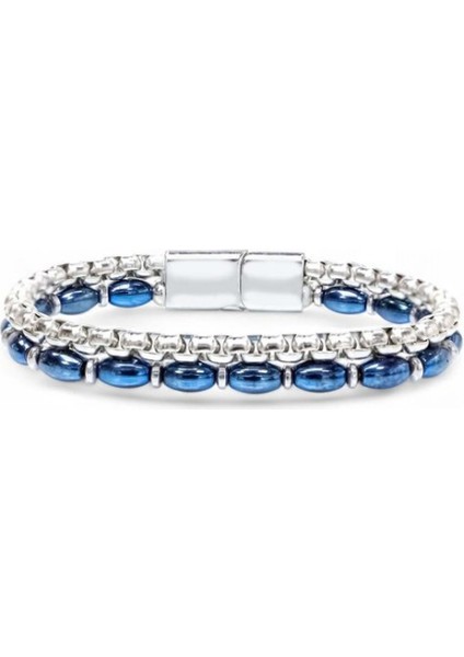 Çelik Zincirli Gümüş ve Mavi Arpa Hematit Bileklik 9592B21D5