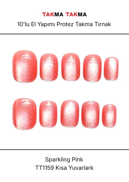 10'lu Pembe Kısa Yuvarlak TT1159 Tekrar Kullanılabilir El Yapımı Protez Takma Tırnak - Pembe-XS