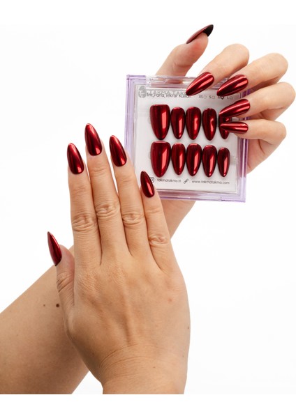 10'lu Bordo Uzun Badem TT1254 Tekrar Kullanılabilir El Yapımı Protez Takma Tırnak - Bordo-M