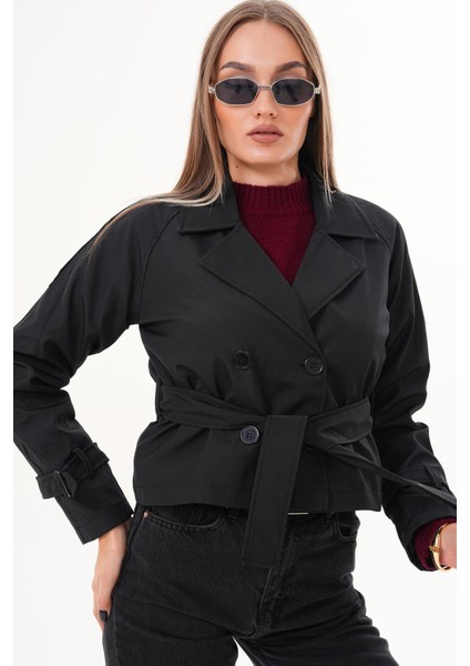 Kuşaklı Astarlı Kısa Trençkot Siyah indirimleri