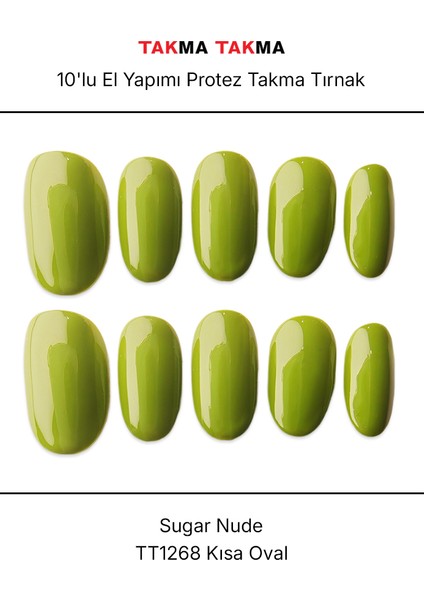 10'lu Yeşil Kısa Oval TT1268 Tekrar Kullanılabilir El Yapımı Protez Takma Tırnak - Yeşil-M