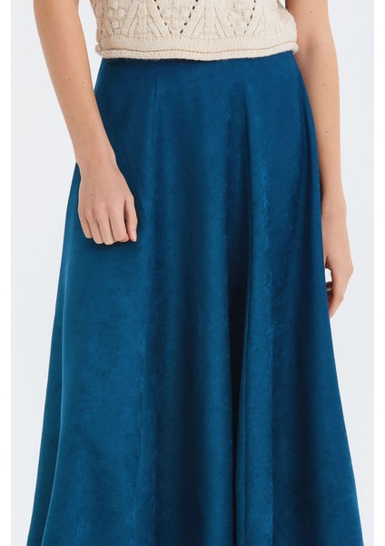 Süet A Kesim Midi Etek Mavi
