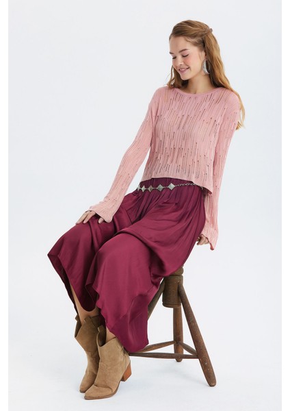 Saten Dökümlü Uzun Etek Mor