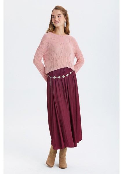 Saten Dökümlü Uzun Etek Mor fırsatları