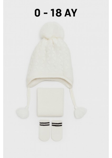 Kız Bebek 0-18 Ay Ponponlu Örgü Bere Atkı Eldiven 3'lü Takım