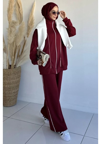 Ön Fermuarlı Şeritli Tunik Bel Lastikli Pantolon Tesettür Ikili Takım P-00018992