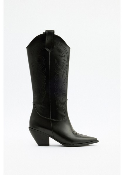 Çizme 2523 - İşlemeli Kovboy Siyah Kadın Çizme
