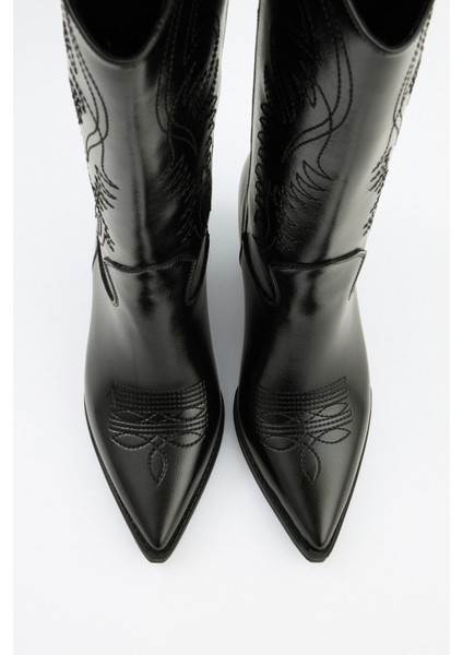 Çizme 2523 - İşlemeli Kovboy Siyah Kadın Çizme indirimleri