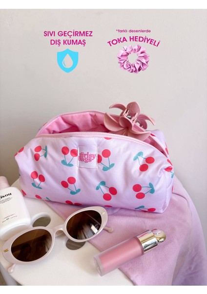Kirazlı Pembe Sıvı Geçirmez Makyaj Çantası Plaj Havuz Kozmetik Çantası Yıkanabilir Büyük Boy