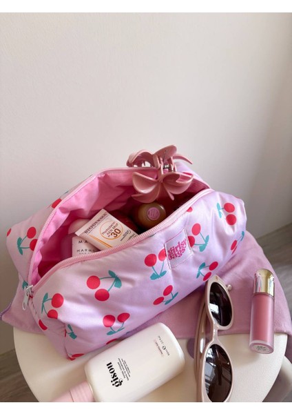 Kirazlı Pembe Sıvı Geçirmez Makyaj Çantası Plaj Havuz Kozmetik Çantası Yıkanabilir Büyük Boy indirimleri