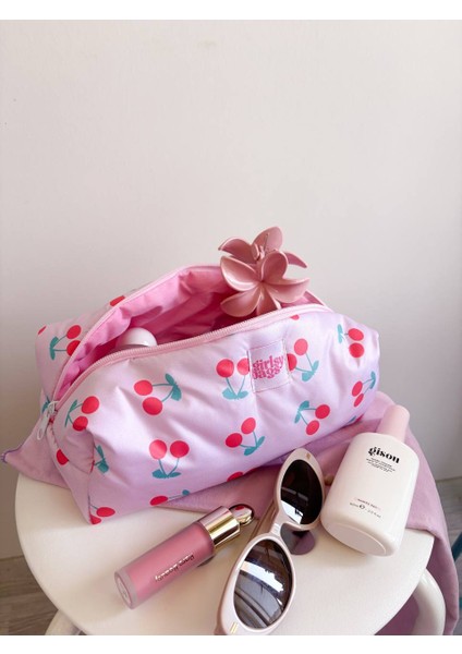 Kirazlı Pembe Sıvı Geçirmez Makyaj Çantası Plaj Havuz Kozmetik Çantası Yıkanabilir Büyük Boy