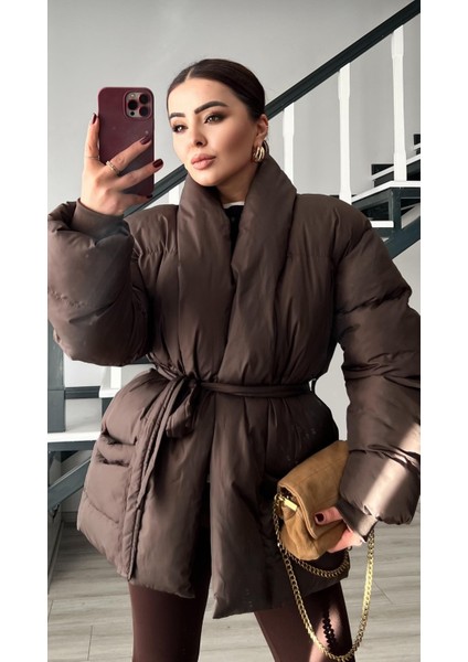 Kahve Kruvaze Kuşaklı Şişme Mont