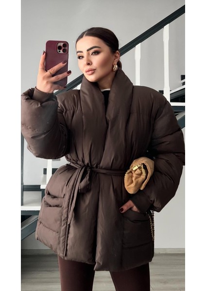 Kahve Kruvaze Kuşaklı Şişme Mont modelleri