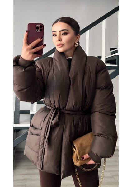 Kahve Kruvaze Kuşaklı Şişme Mont indirimleri