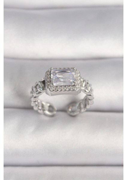 bulurum pirinç gümüş renk ayarlanabilir zincir kare zirkon taşlı kadın yüzük