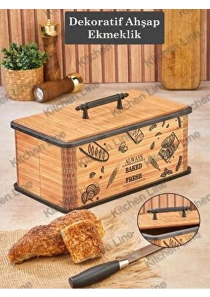 Kapaklı Ahşap Ekmeklik - Dekoratif Desenli Ekmek Saklama Kutusu - Lüx Büyük Ekmek Dolabı