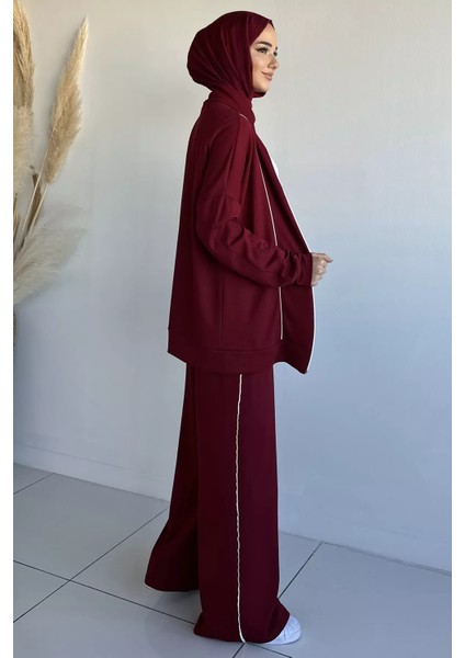 Ön Fermuarlı Şeritli Tunik Bel Lastikli Pantolon Tesettür Ikili Takım P-00018992 fırsatları