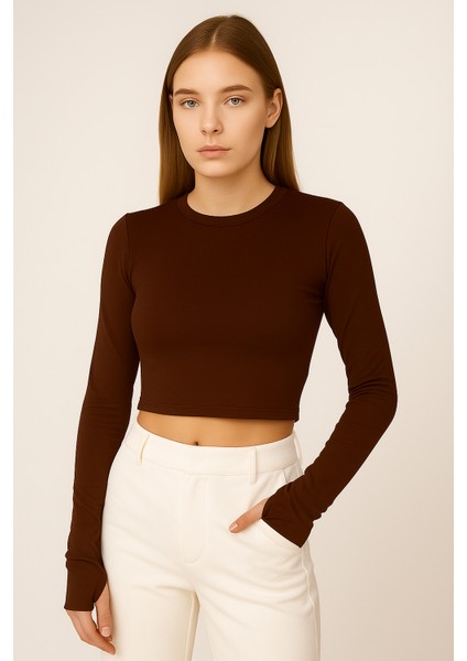 Kadın Buzy Kumaş Parmak Geçmeli Kahverengi Crop Body| Uzun Kollu – Likralı