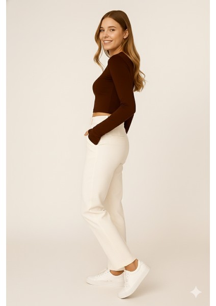 Kadın Buzy Kumaş Parmak Geçmeli Kahverengi Crop Body| Uzun Kollu – Likralı fiyatları