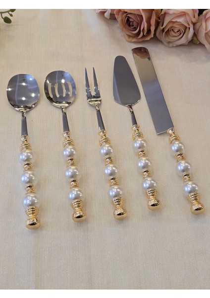 5 Parça Inci Servis Kaşık Seti Gold modelleri