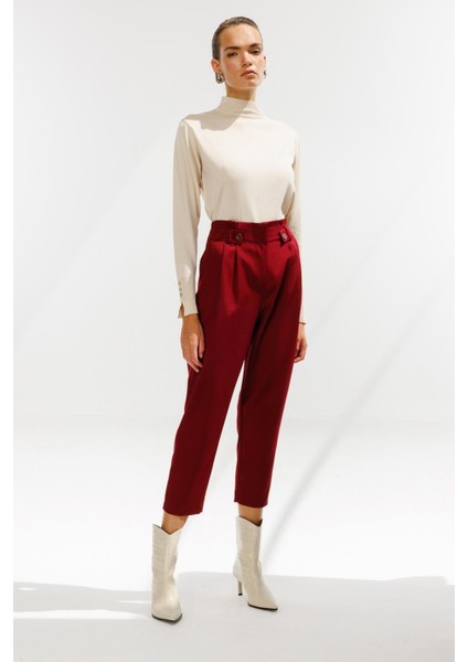 Yüksek Bel Pileli Havuç Pantolon-Bordo fiyatları