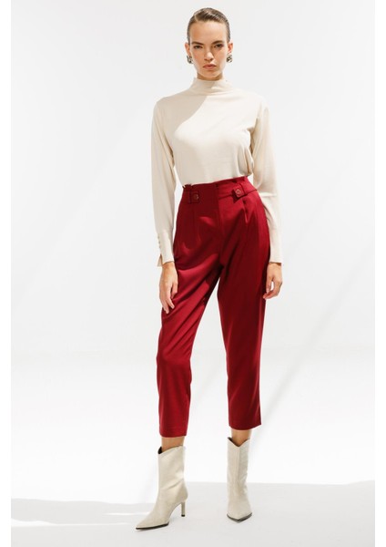 Yüksek Bel Pileli Havuç Pantolon-Bordo modelleri