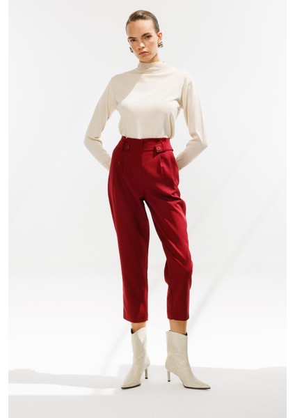 Yüksek Bel Pileli Havuç Pantolon-Bordo fırsatları