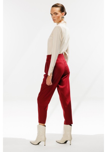 Yüksek Bel Pileli Havuç Pantolon-Bordo