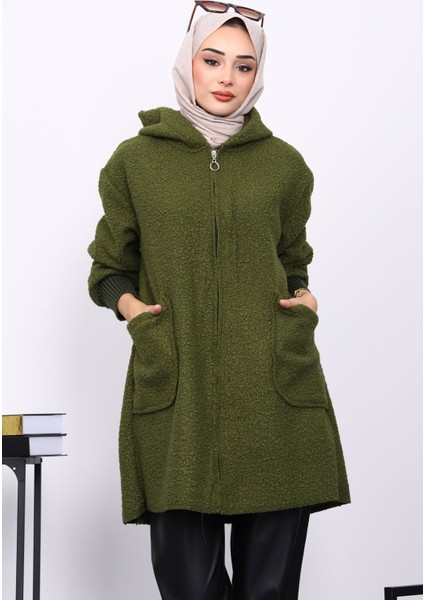 Yağ Yeşili Fermuarlı Cepli Buklet Kaban