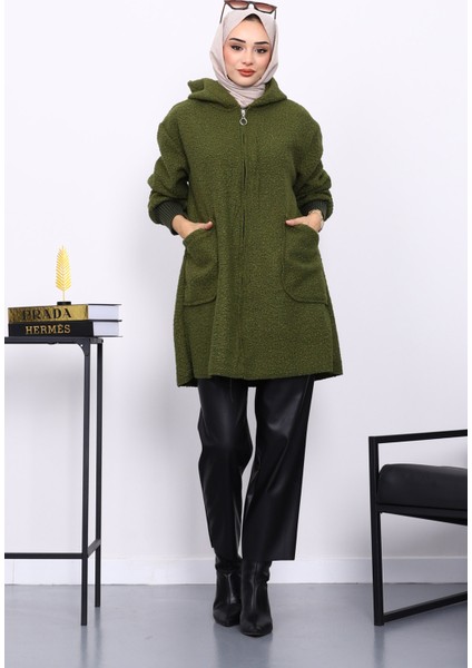 Yağ Yeşili Fermuarlı Cepli Buklet Kaban fiyatları