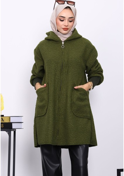 Yağ Yeşili Fermuarlı Cepli Buklet Kaban modelleri