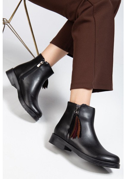 165-205 Siyah Cilt Yaprak Desenli Fermuarlı Günlük Kadın Bot