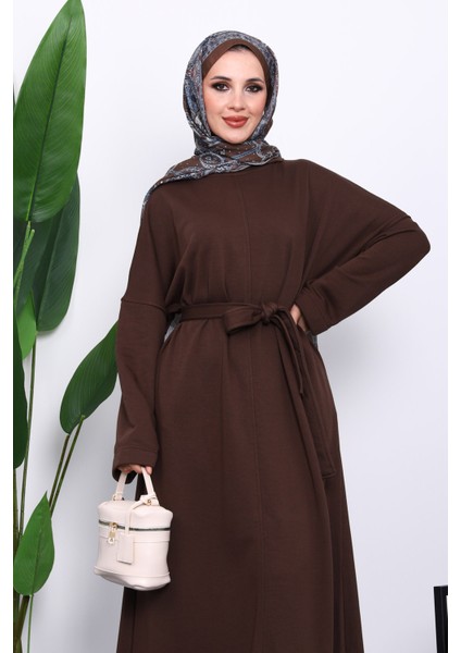 Kahverengi Kuşaklı Üç İplik Elbise modelleri