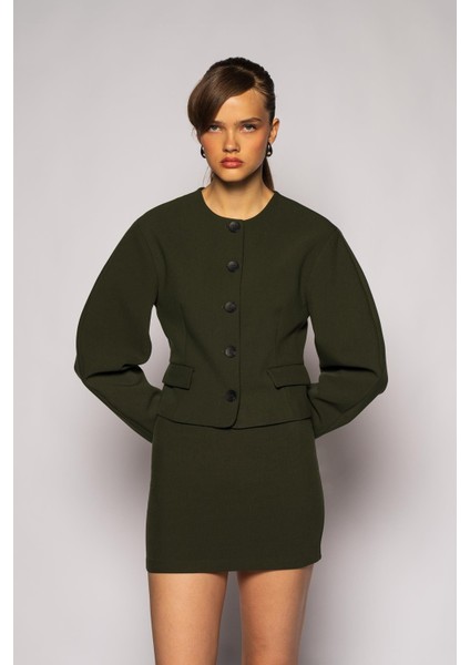 Kadın Açık Haki Balon Kol Crop Blazer