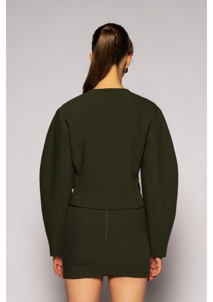 Kadın Açık Haki Balon Kol Crop Blazer modelleri