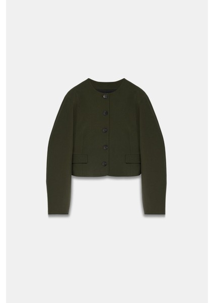 Kadın Açık Haki Balon Kol Crop Blazer indirimleri