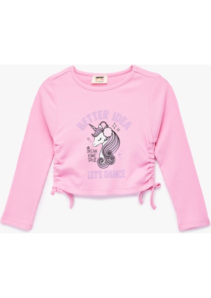 Unicorn Baskılı Uzun Kollu Bisiklet Yaka Ribanalı Crop Tişört