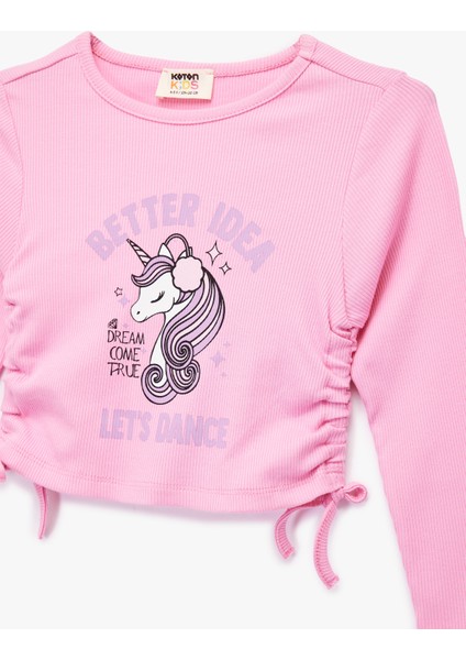 Unicorn Baskılı Uzun Kollu Bisiklet Yaka Ribanalı Crop Tişört modelleri