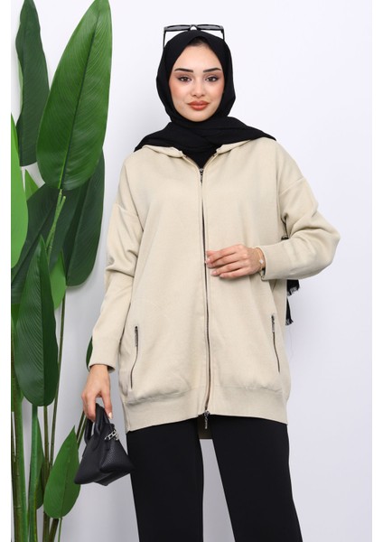 Bej Çift Cepli Fermuarlı Triko Hırka