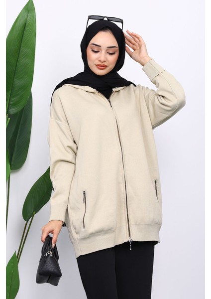 Bej Çift Cepli Fermuarlı Triko Hırka modelleri