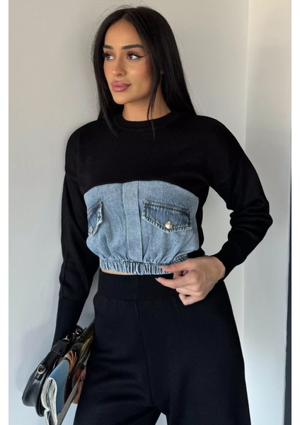 Kadın Kot Garnili Sweat Pantolon Triko Ikili Takım P-00018969