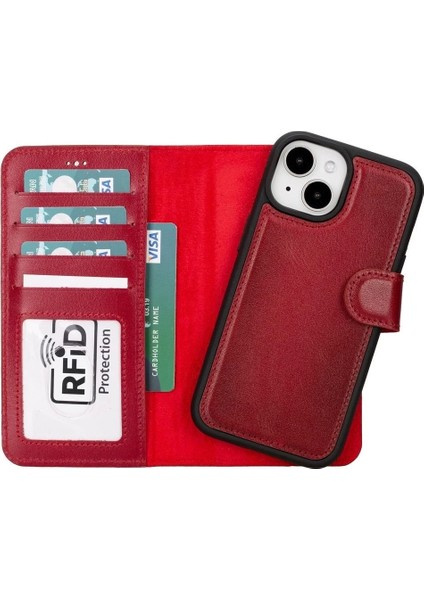 Apple iPhone 15 Uyumlu Deri Cüzdanlı Kılıf Mwwn V4EF Kırmızı