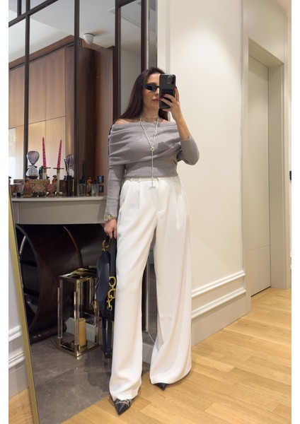 Pile Detay Geniş Paça Palazzo- Beyaz