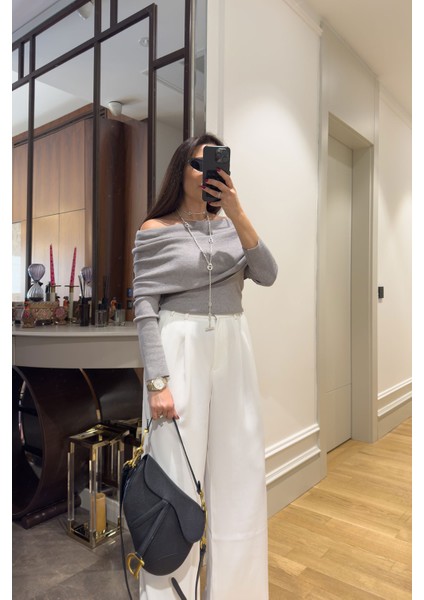 Pile Detay Geniş Paça Palazzo- Beyaz modelleri