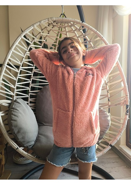 kız Çocuk Peluş Polar Hırka Kapşonlu Fermuarlı Cepli Pembe Beyaz Siyah Mor Gül Kurusu fiyatları